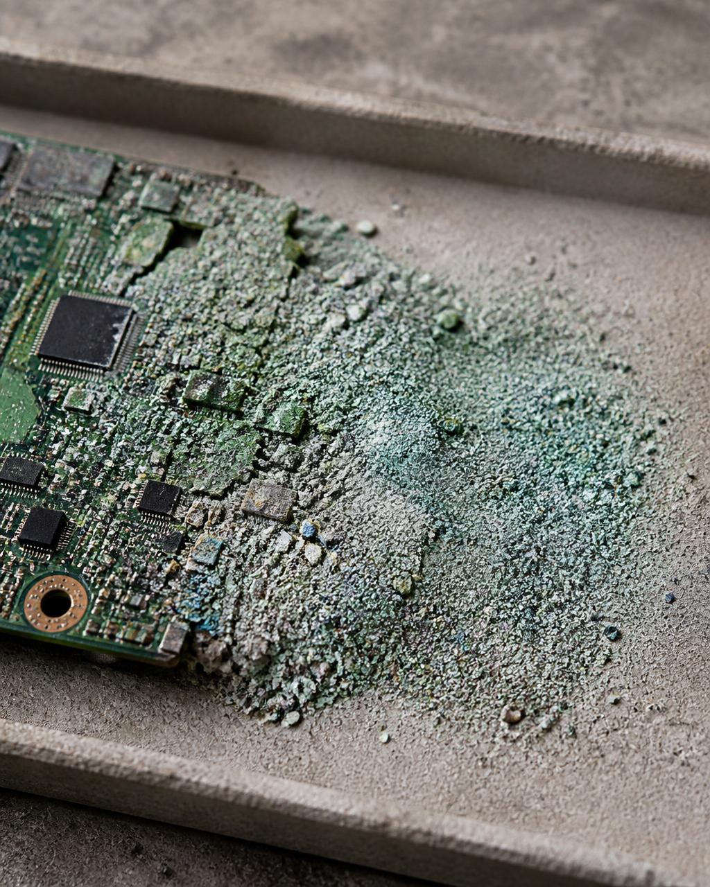 A circuit board dissolving into fine rare-earth powder on a concrete tray